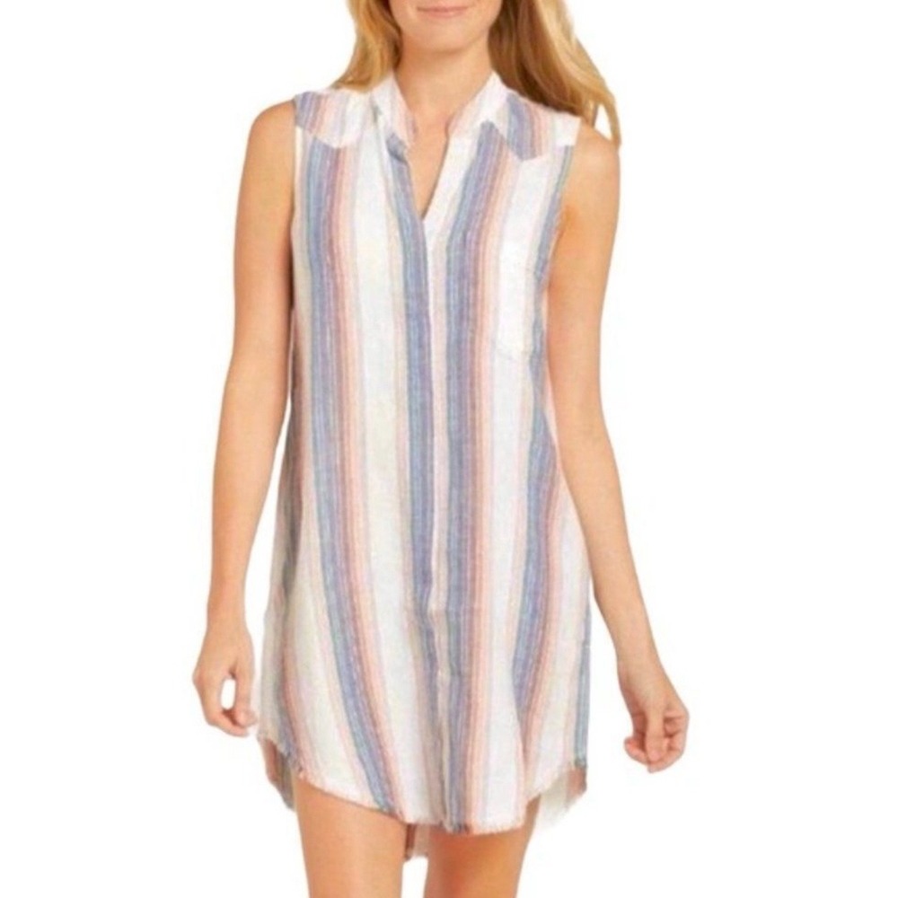 Anthropologie Cloth & Stone Sleeveless Shirt‎ Dress Striped Frayed Hem Small